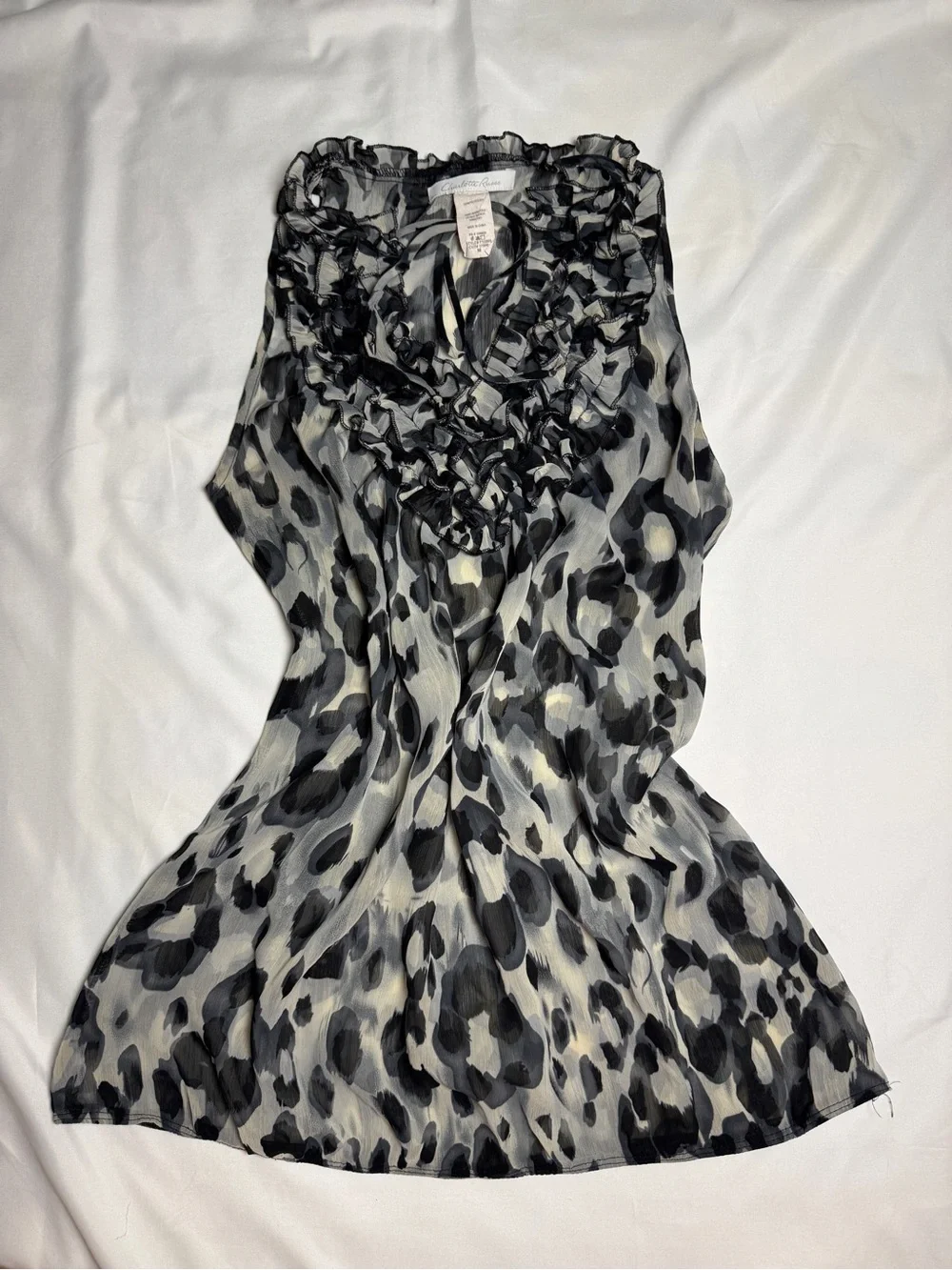 Sleeveless Ruffle Leopard Print Dress - Black & White